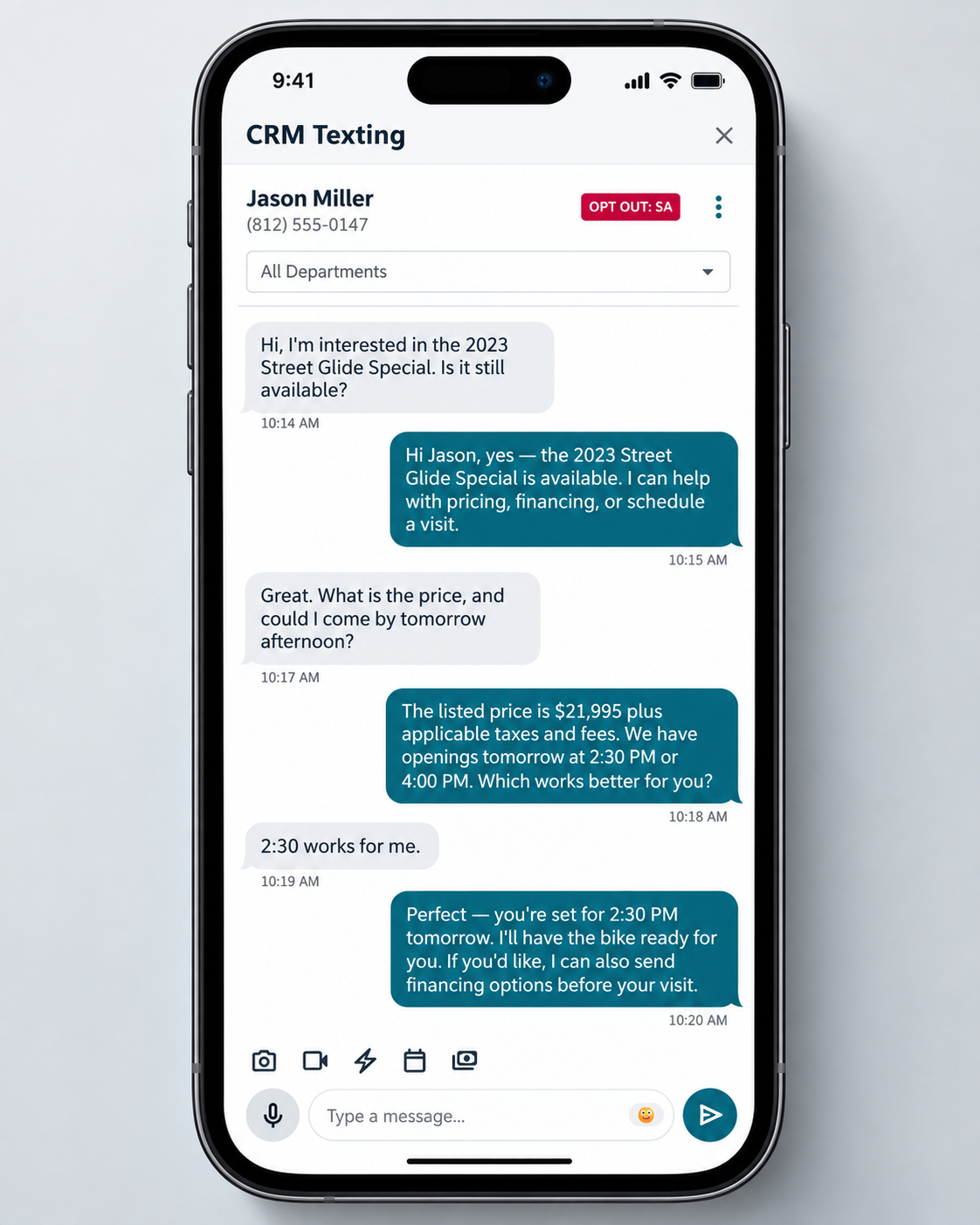 Ignite CRM AI concierge text conversation with a dealership customer